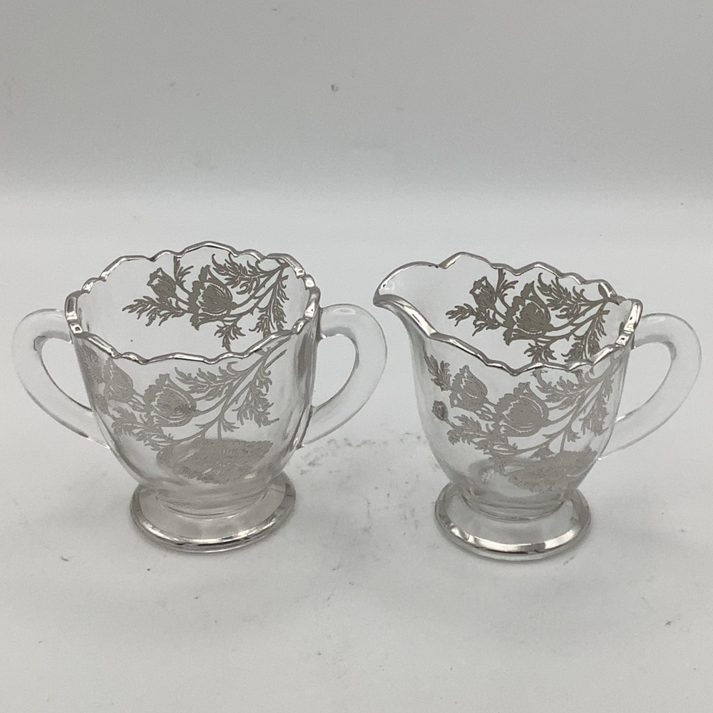 Vintage Sterling Silver Overlay Floral Poppy Glass Creamer and Sugar Set